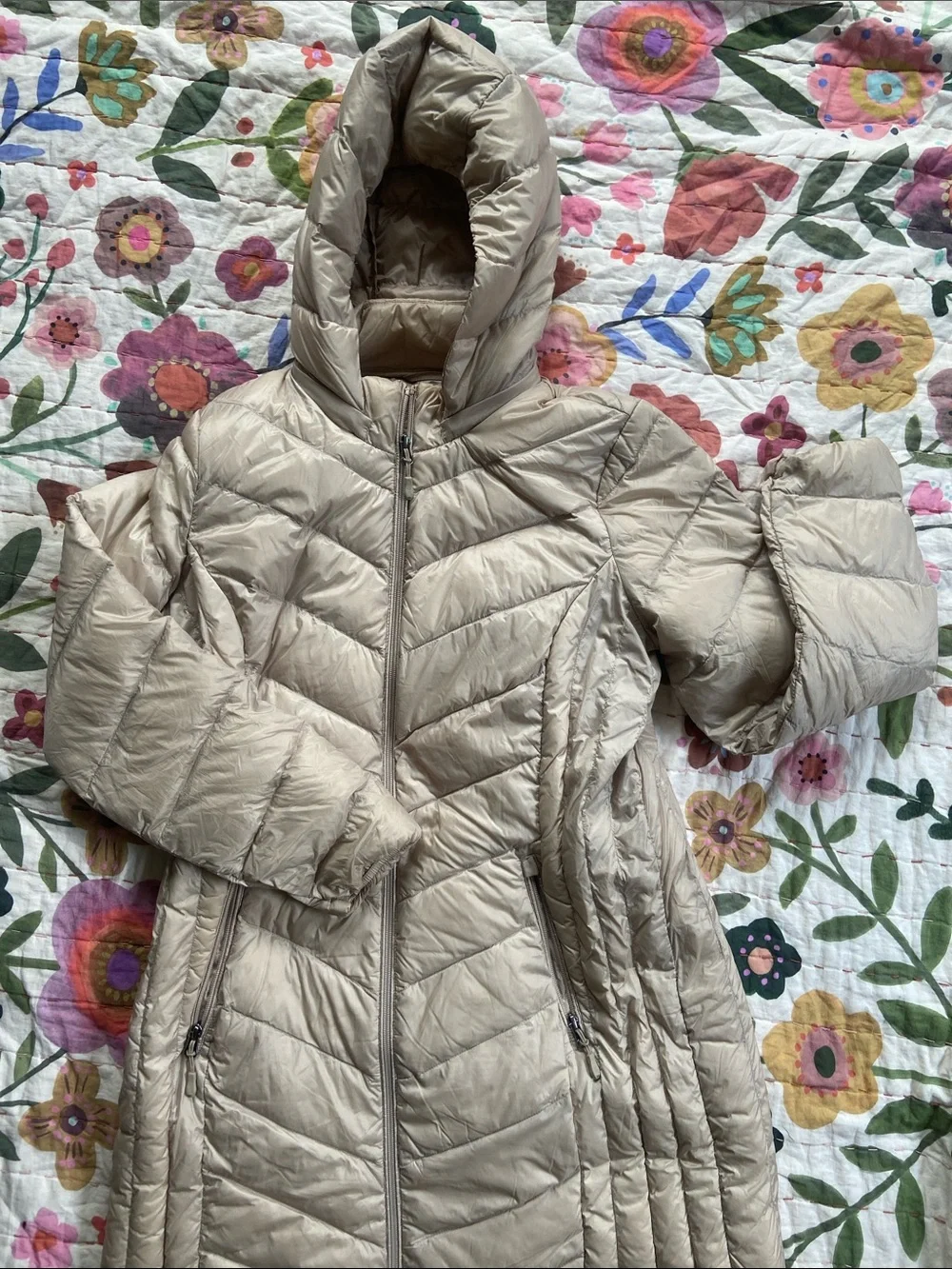 32 Degrees Quilted Puffer Coat with Detachable Hood Champagne Light Beige Large